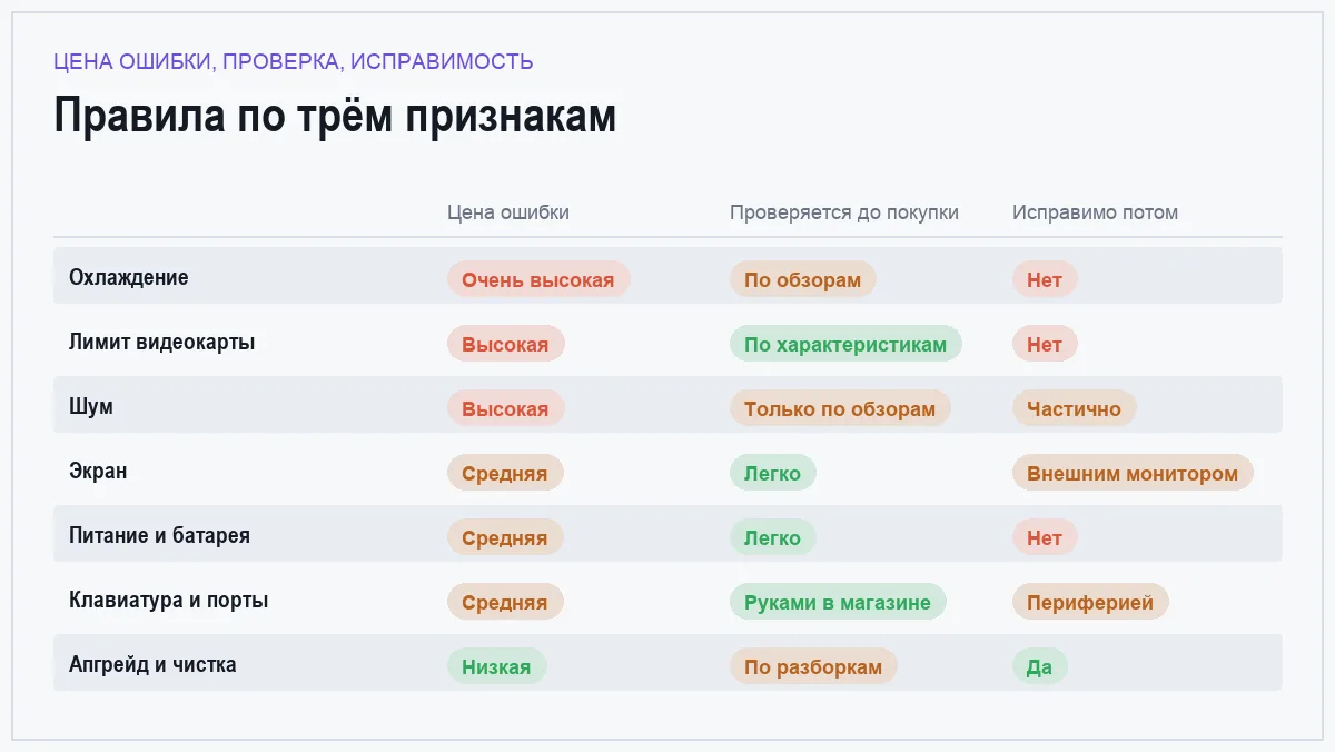 Сравнение правил выбора игрового ноутбука по цене ошибки и возможности исправить