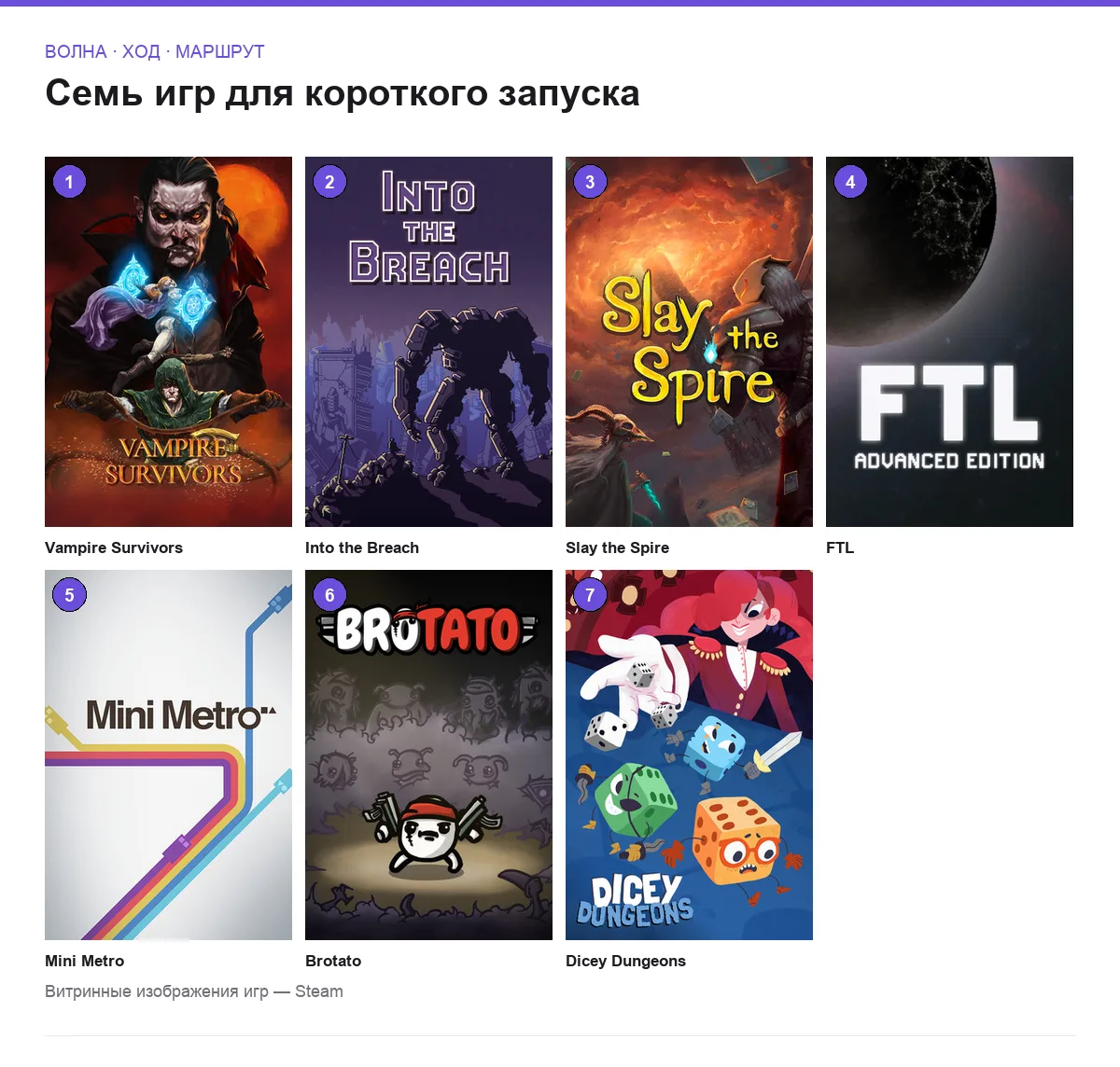 Сетка обложек семи игр с короткими сессиями для встроенной графики
