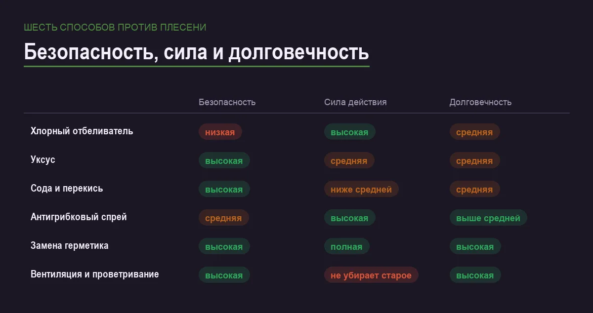 Инфографика: безопасность, сила действия и долговечность результата у шести способов избавиться от плесени в ванной