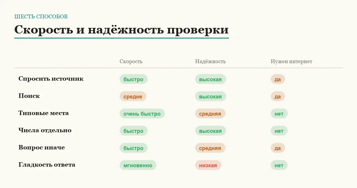 Инфографика: скорость проверки, надёжность результата и необходимость интернета