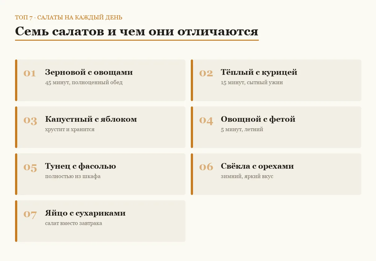 Список семи салатов с короткими пояснениями