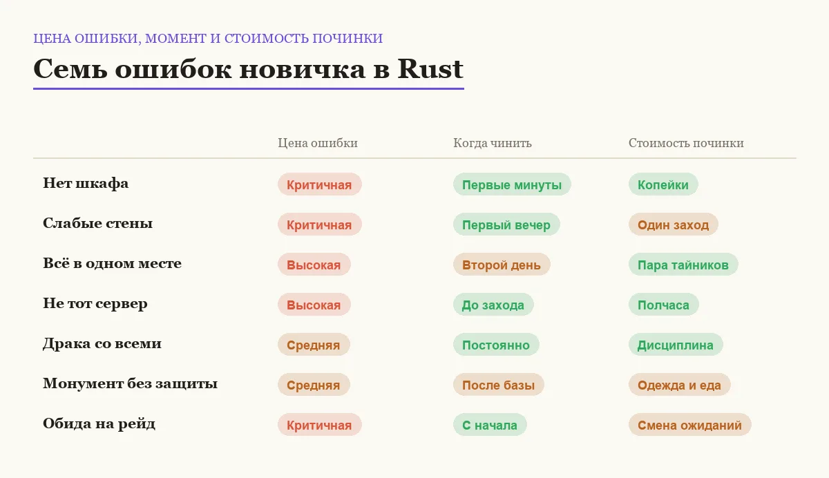 Сравнение ошибок новичка в Rust по цене, моменту исправления и затратам