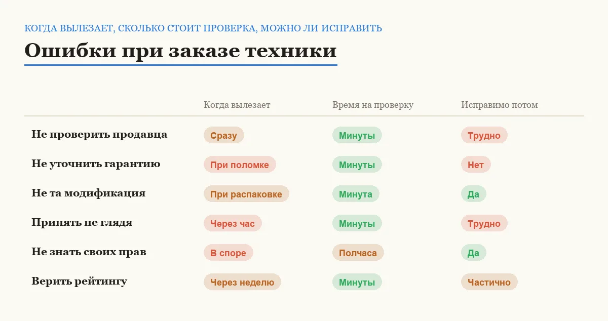 Сравнение шести ошибок при покупке техники в интернете по срокам проявления и цене