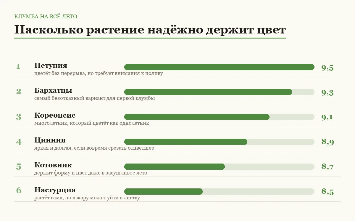 Диаграмма оценок шести цветов для летней клумбы