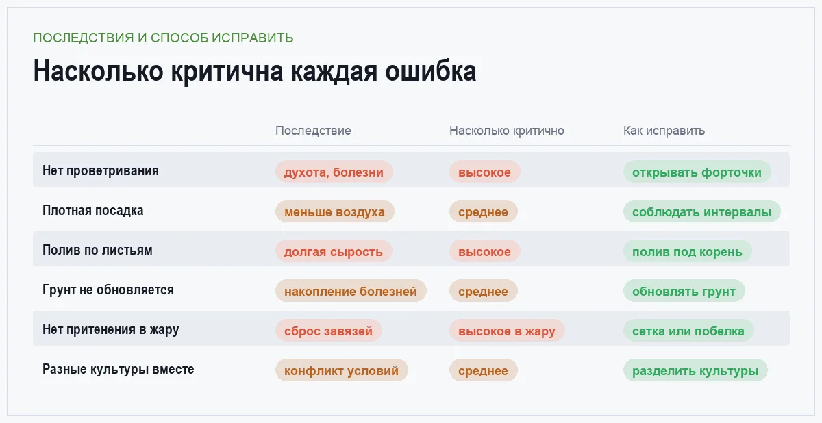 Инфографика: последствия шести ошибок при выращивании в теплице и насколько они критичны