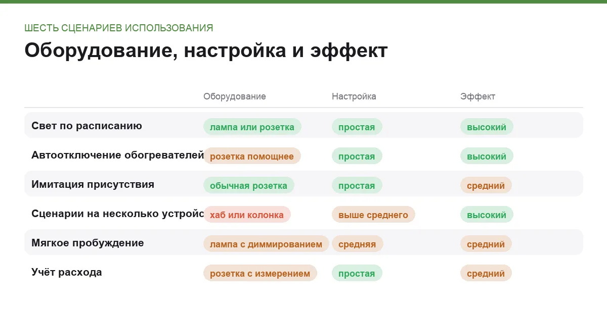 Инфографика: оборудование, сложность настройки и эффект каждого применения умных розеток и ламп