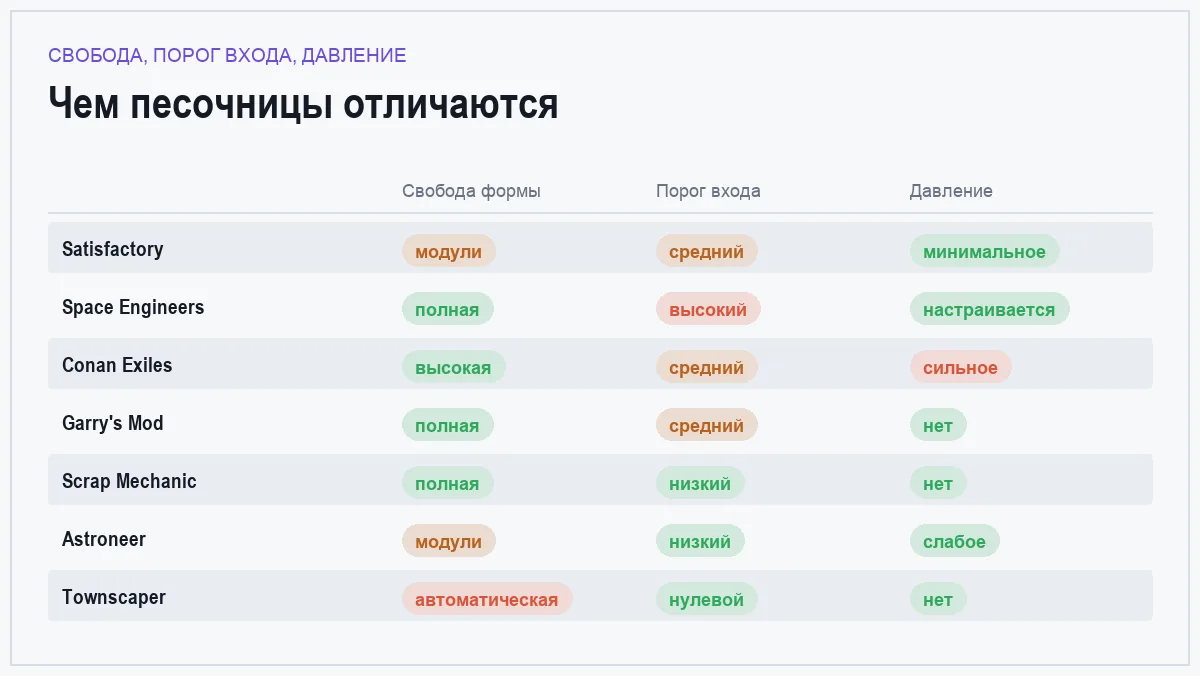 Инфографика: свобода формы, порог входа и уровень давления в строительных песочницах