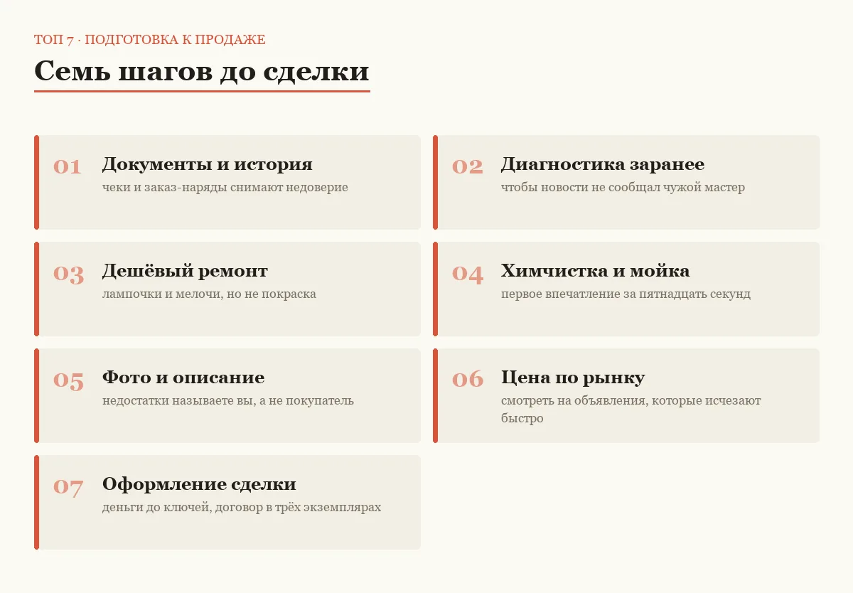 Плиточный постер со списком семи шагов подготовки машины к продаже