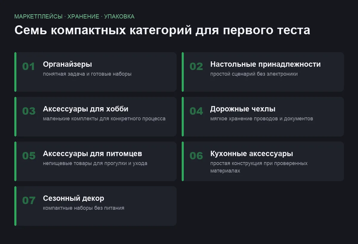 Плиточный список семи категорий компактных товаров для первого выхода на маркетплейс