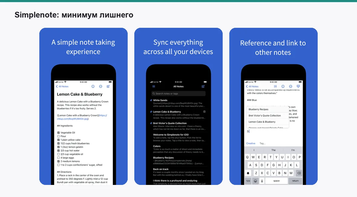 Simplenote — экраны приложения