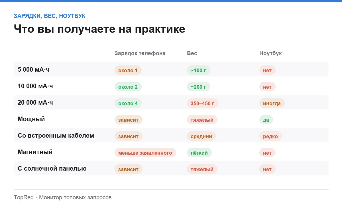 Инфографика: количество зарядок телефона, вес и поддержка ноутбука