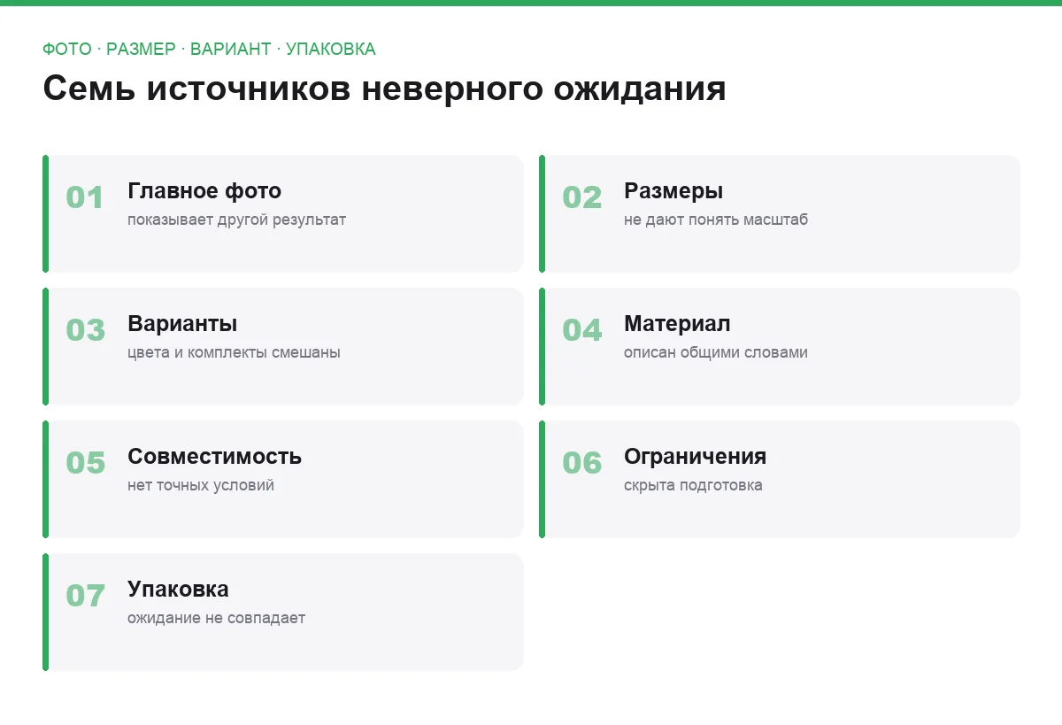Плиточный список семи ошибок карточки товара, которые приводят к возвратам