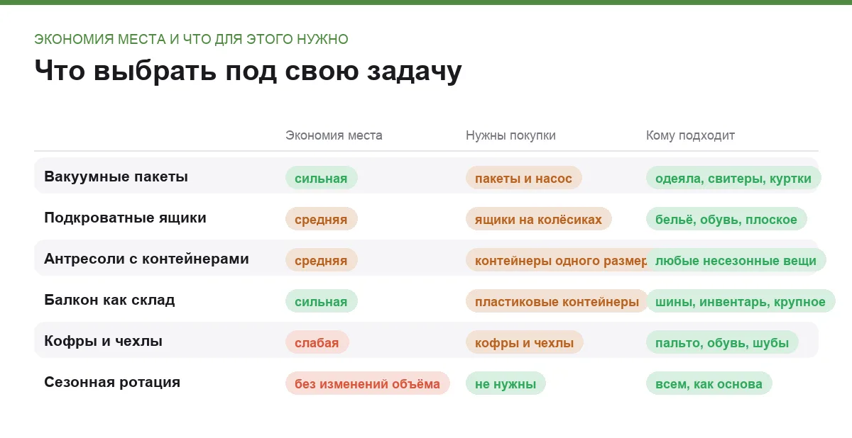 Инфографика: насколько каждый способ экономит место, нужны ли покупки и кому он подходит