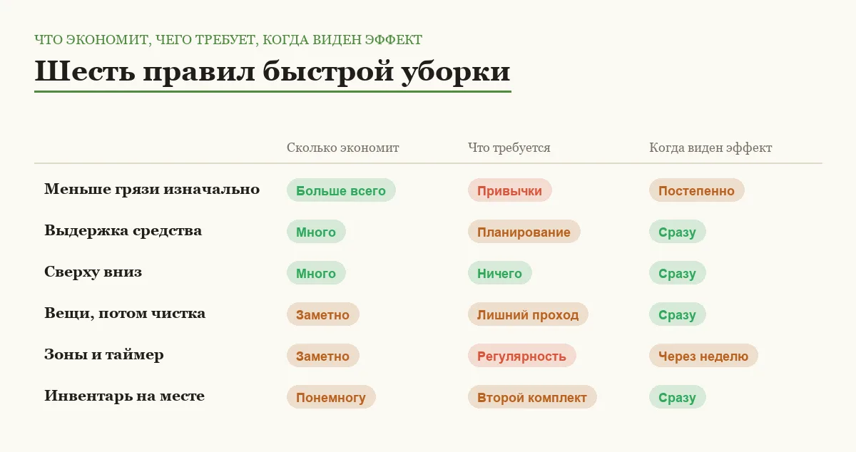 Сравнение шести правил уборки по экономии времени, требуемым усилиям и скорости появления эффекта