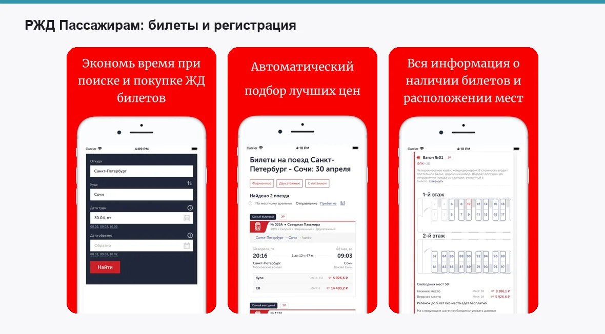 РЖД Пассажирам — экраны приложения