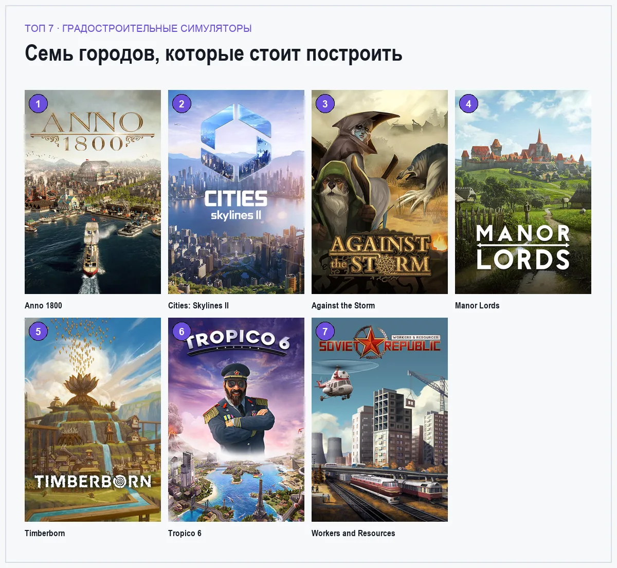 Витринные изображения семи игр про строительство городов