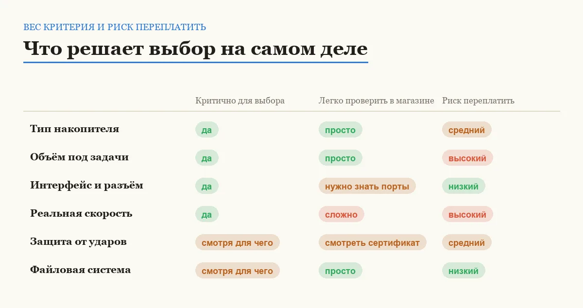 Инфографика: критичность критерия, лёгкость проверки в магазине и риск переплатить