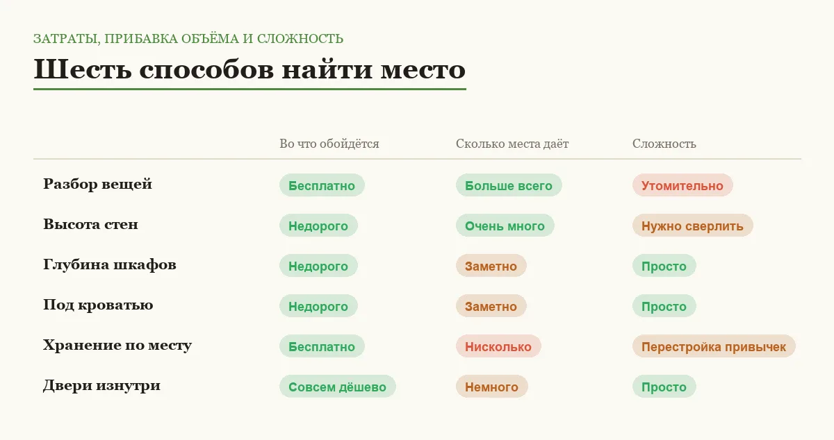 Сравнение шести способов организовать хранение в тесной квартире по затратам, прибавке места и сложности