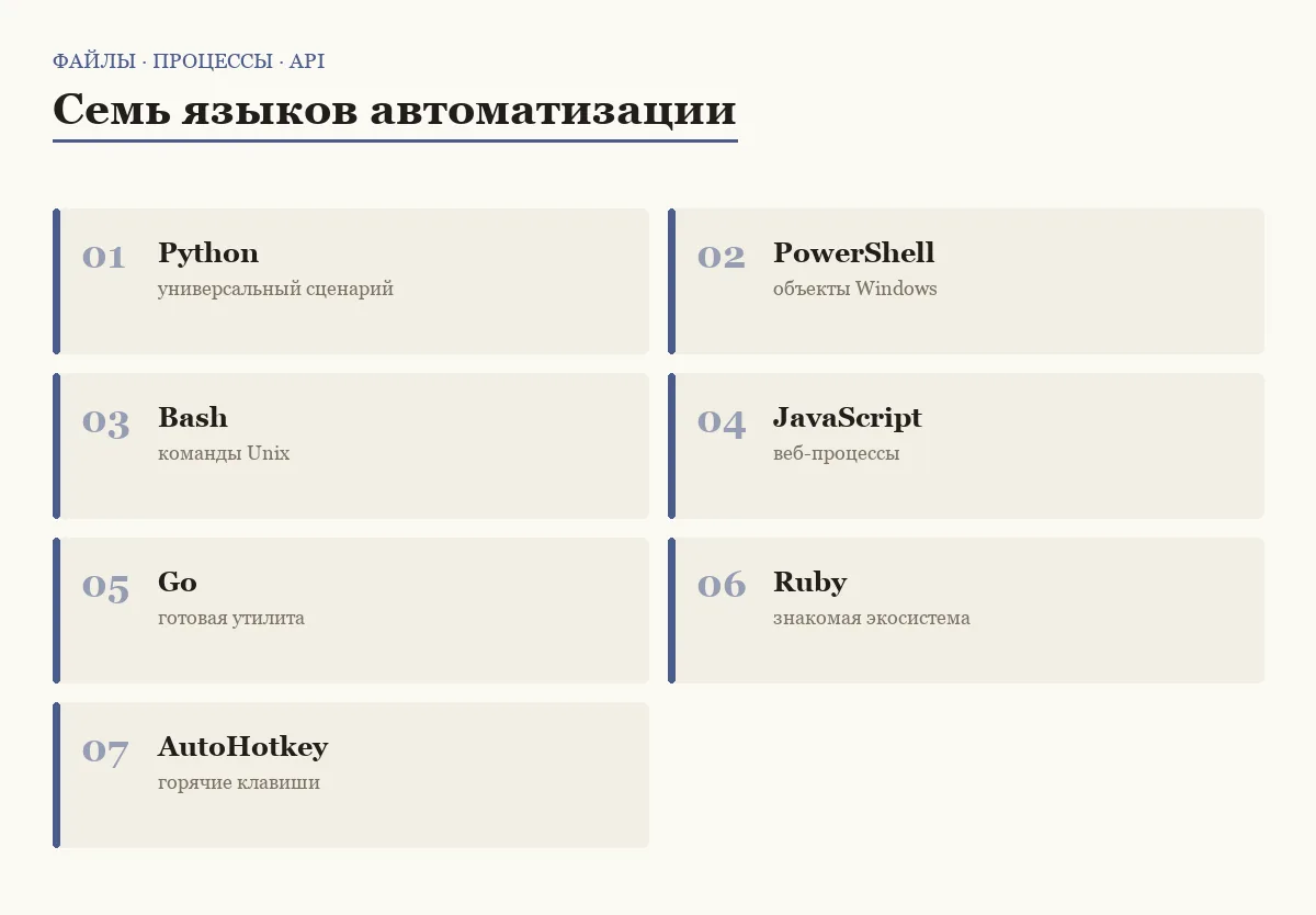 Плиточный список семи языков для автоматизации задач