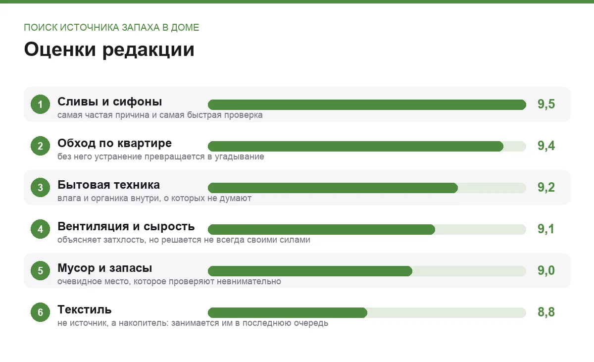 Диаграмма оценок шести способов найти и устранить источник запаха в доме