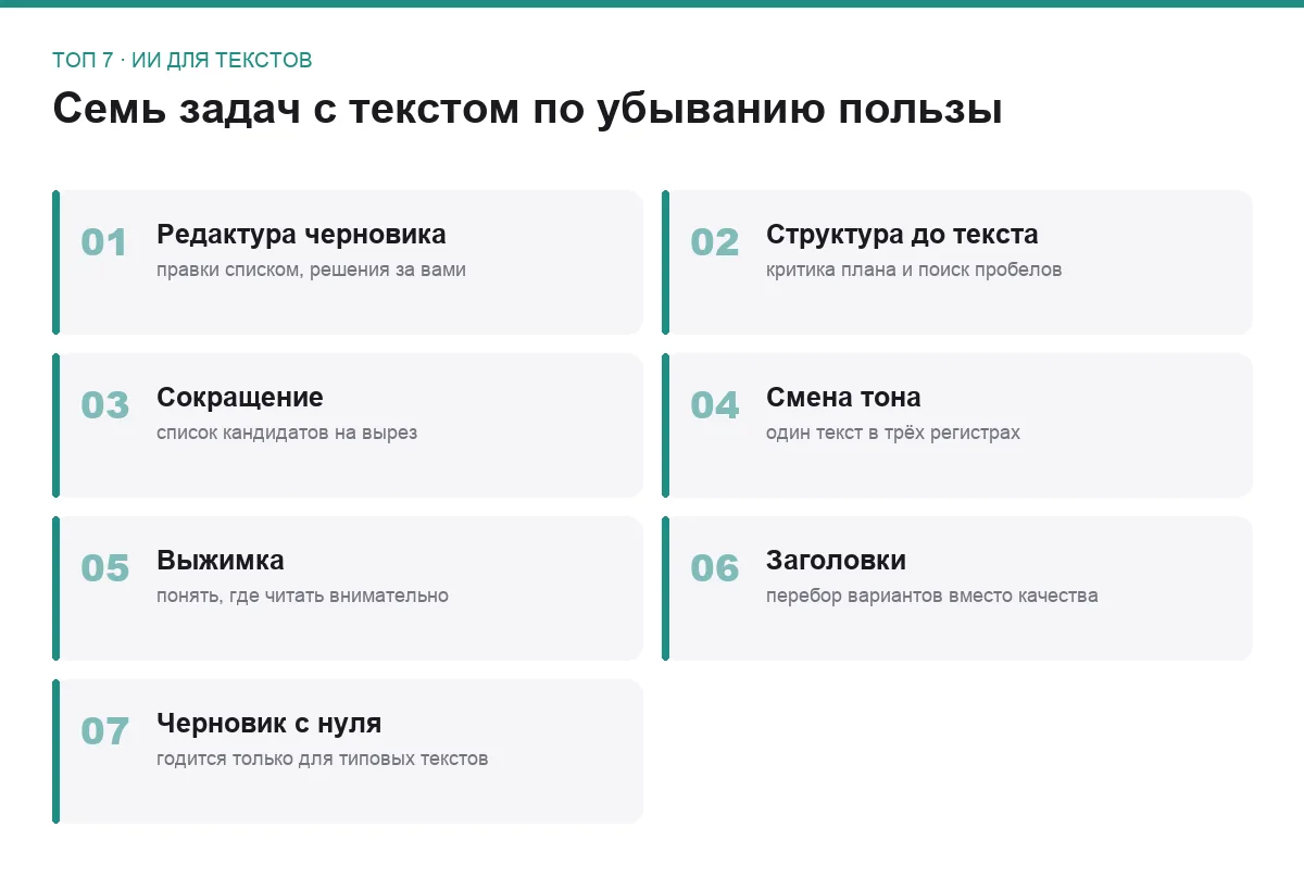 Список семи задач работы с текстом, где помогает нейросеть