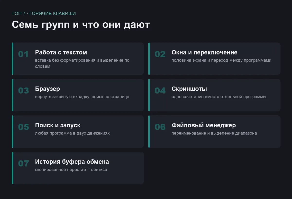 Список семи групп горячих клавиш