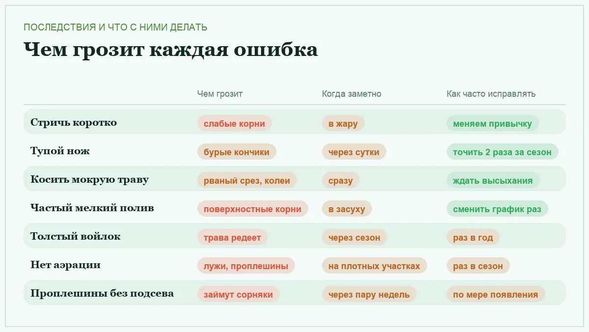 Инфографика: чем грозит каждая ошибка в уходе за газоном, когда она становится заметна и как часто её нужно исправлять