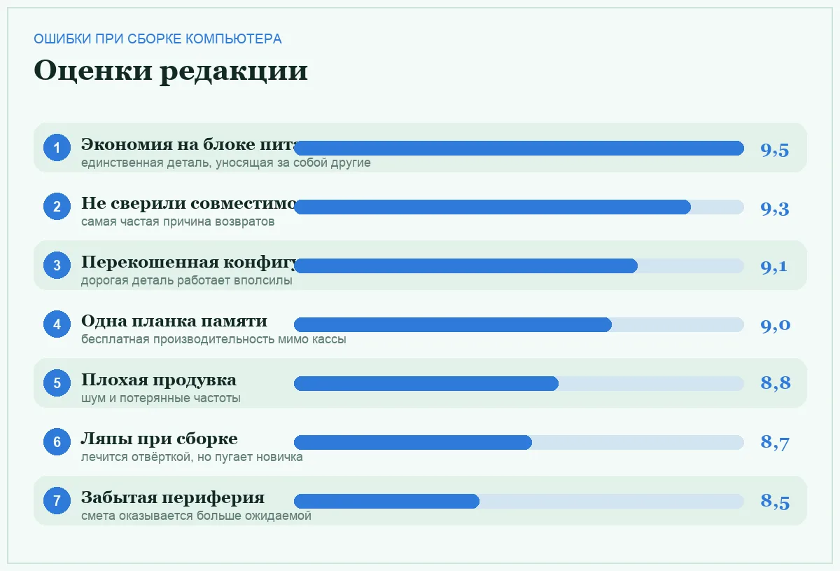 Диаграмма важности ошибок при сборке компьютера