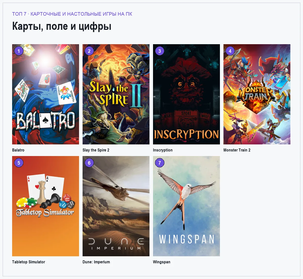 Сетка витрин семи карточных и настольных игр для ПК