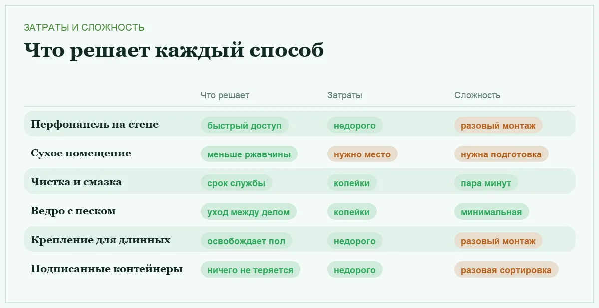 Инфографика: что решает каждый способ хранения инструмента, затраты и сложность внедрения