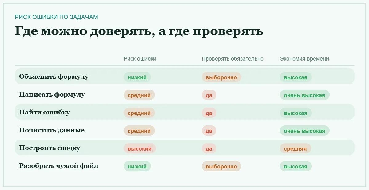 Инфографика: риск ошибки, обязательность проверки и экономия времени по шести задачам