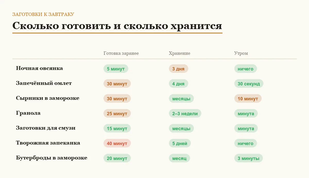 Инфографика: время приготовления заранее, срок хранения и действия утром