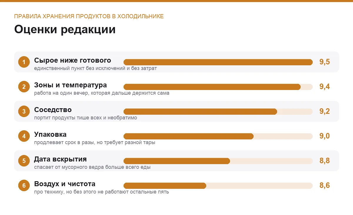 Диаграмма оценок шести правил хранения продуктов в холодильнике