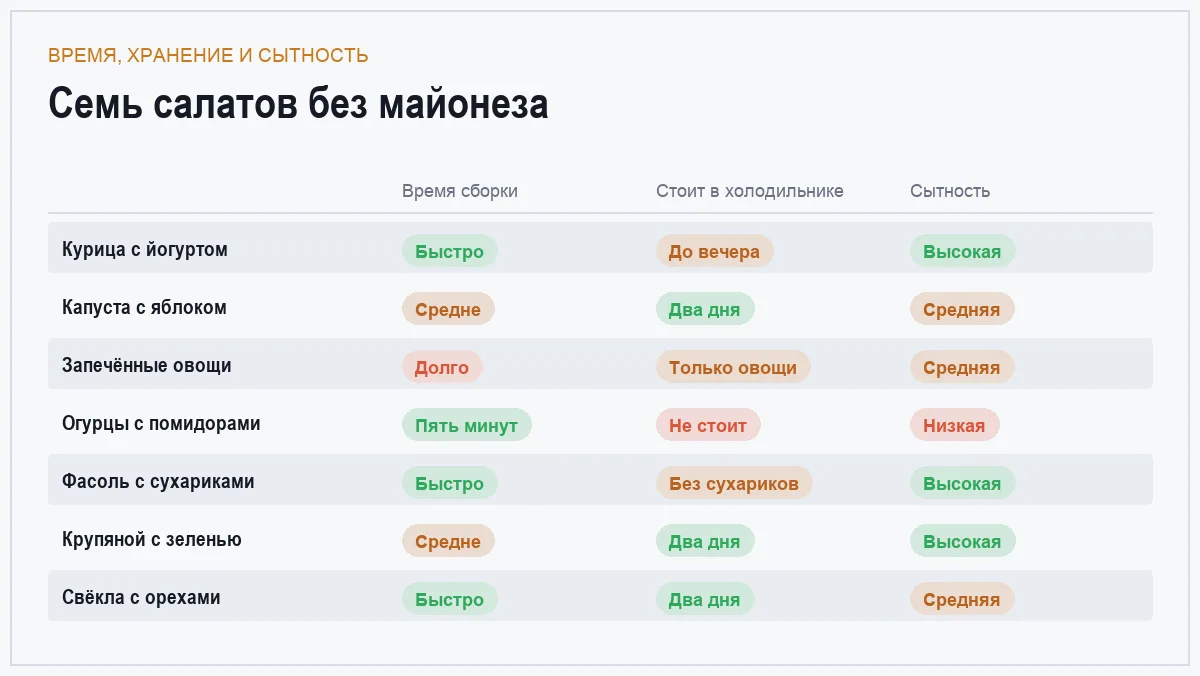 Сравнение семи салатов без майонеза по времени приготовления, способности храниться и сытности