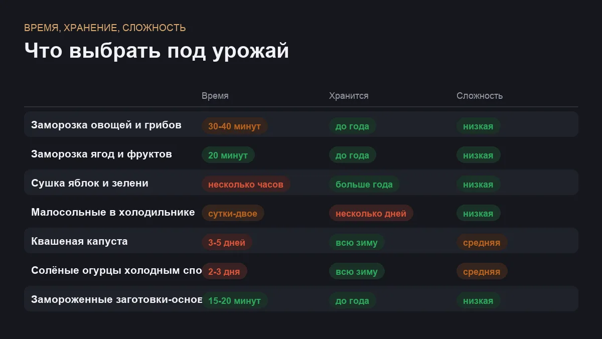 Инфографика: время подготовки, срок хранения и сложность заготовок на зиму