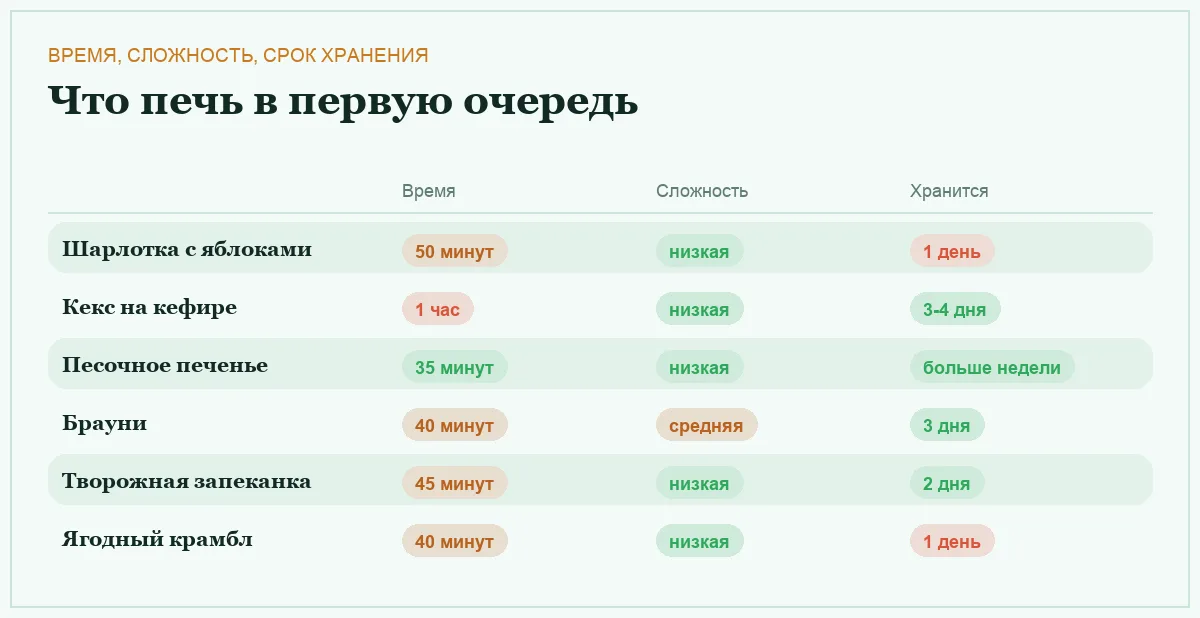 Инфографика: время приготовления, сложность и срок хранения выпечки для начинающих