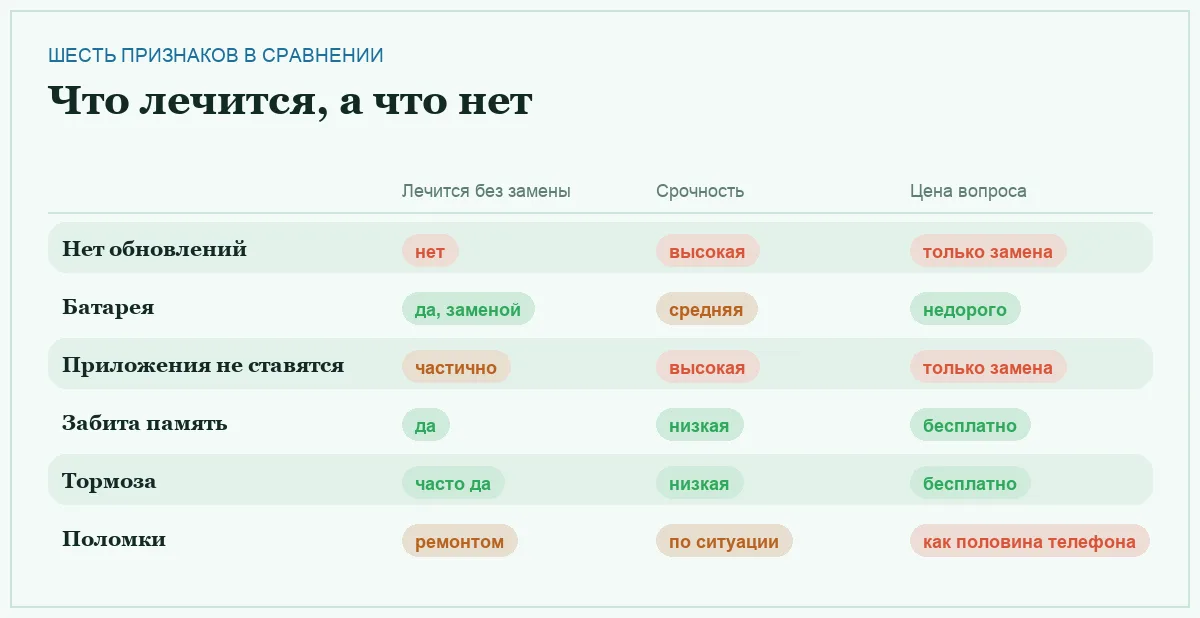 Инфографика: лечится ли признак без замены телефона, срочность и цена вопроса