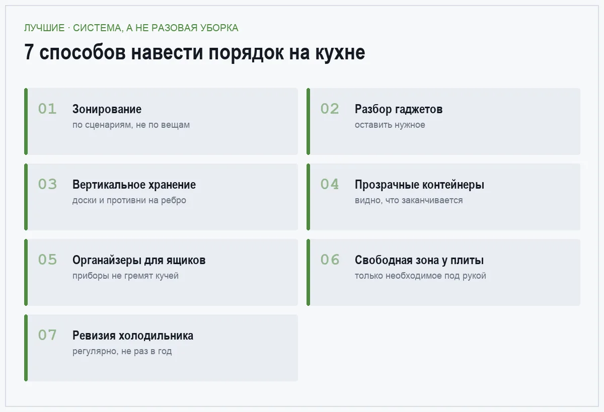 Плакат с семью способами организации кухни
