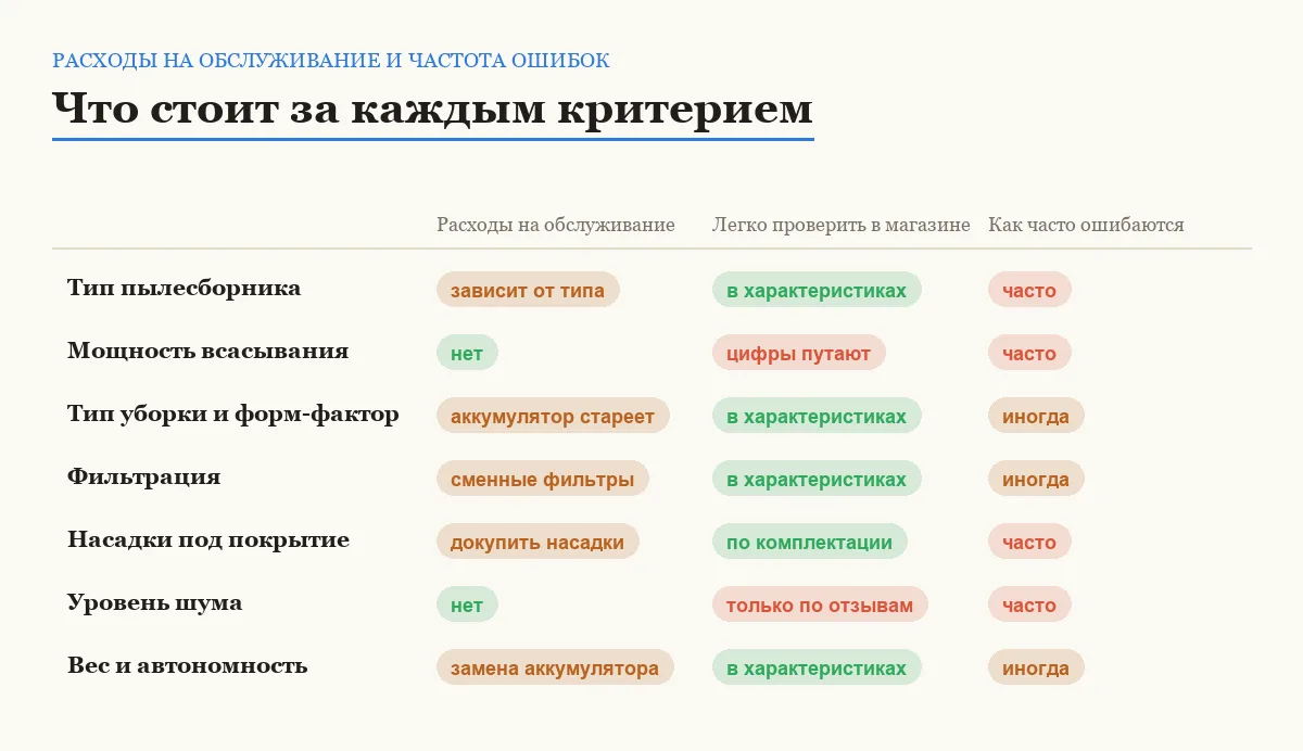 Инфографика: расходы на обслуживание, простота проверки в магазине и частота ошибок для каждого критерия выбора пылесоса