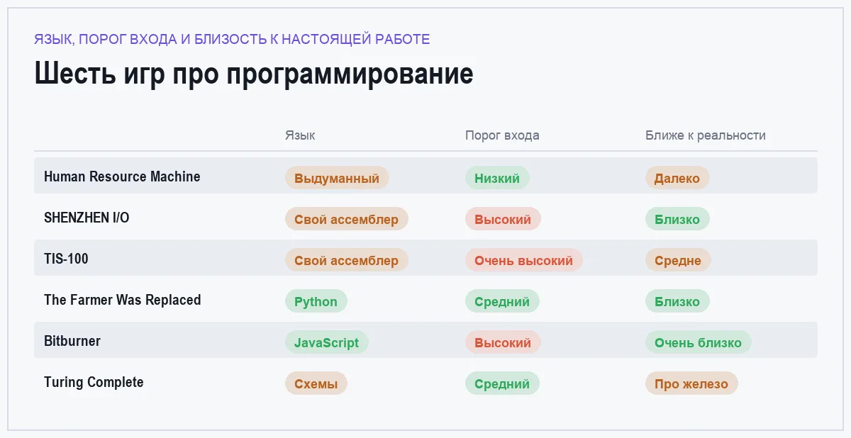 Сравнение шести игр про программирование по языку, порогу входа и близости к реальной разработке