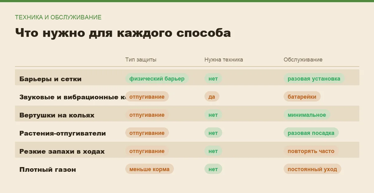 Инфографика: тип защиты, нужна ли техника и какое обслуживание требуется для каждого способа против кротов
