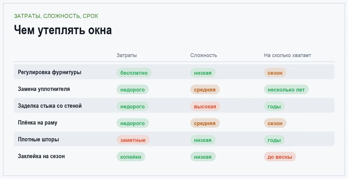 Инфографика: затраты, сложность и срок службы шести способов утепления окон