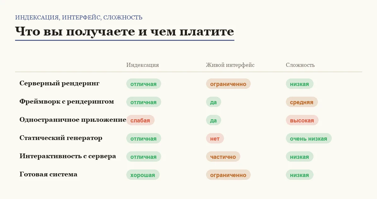 Инфографика: качество индексации, поддержка живого интерфейса и общая сложность