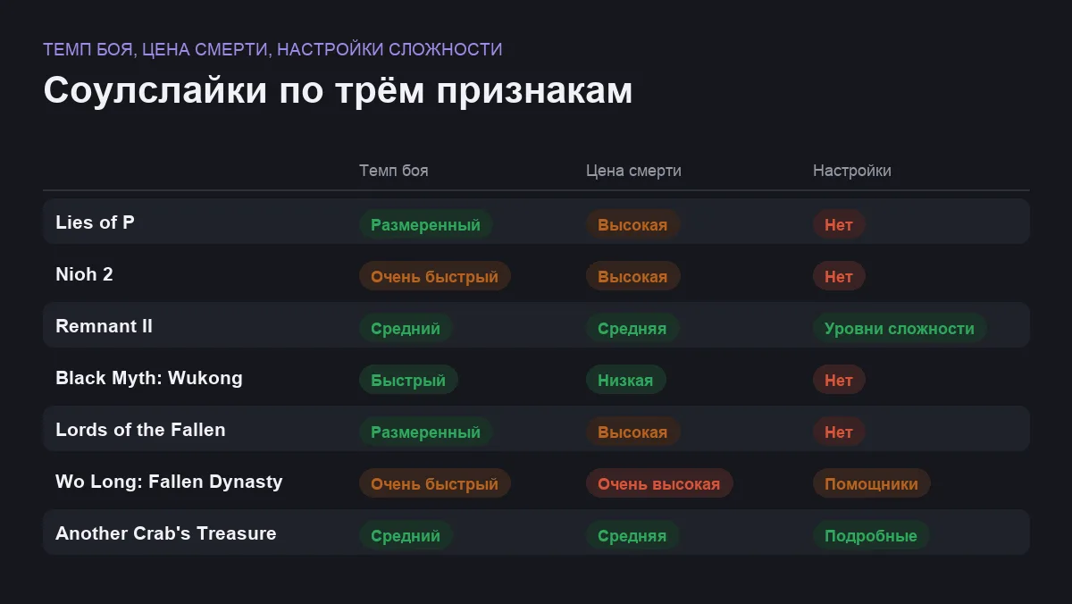 Сравнение семи соулслайков по темпу боя, цене смерти и наличию настроек сложности