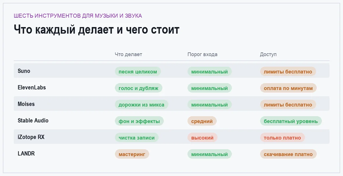 Инфографика: задача, порог входа и условия доступа шести ИИ-инструментов для музыки