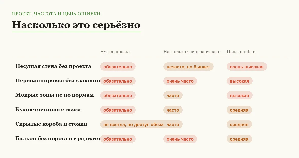 Инфографика: нужен ли проект для каждой ошибки перепланировки, как часто она встречается и насколько дорого обходится