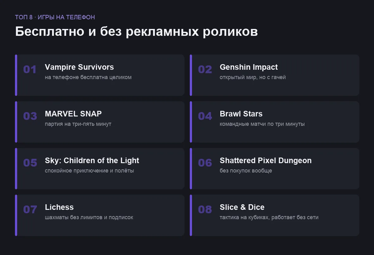 Плиточный список из восьми бесплатных мобильных игр без рекламы