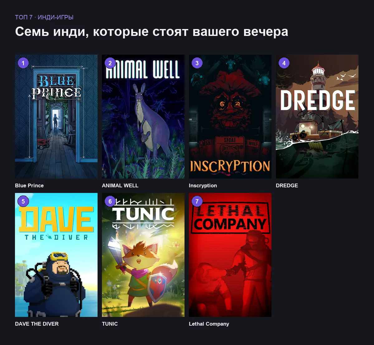 Витринные изображения семи инди-игр из подборки
