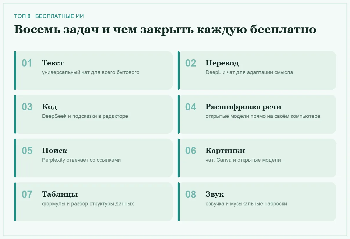 Список восьми типов задач и бесплатных ИИ под каждую
