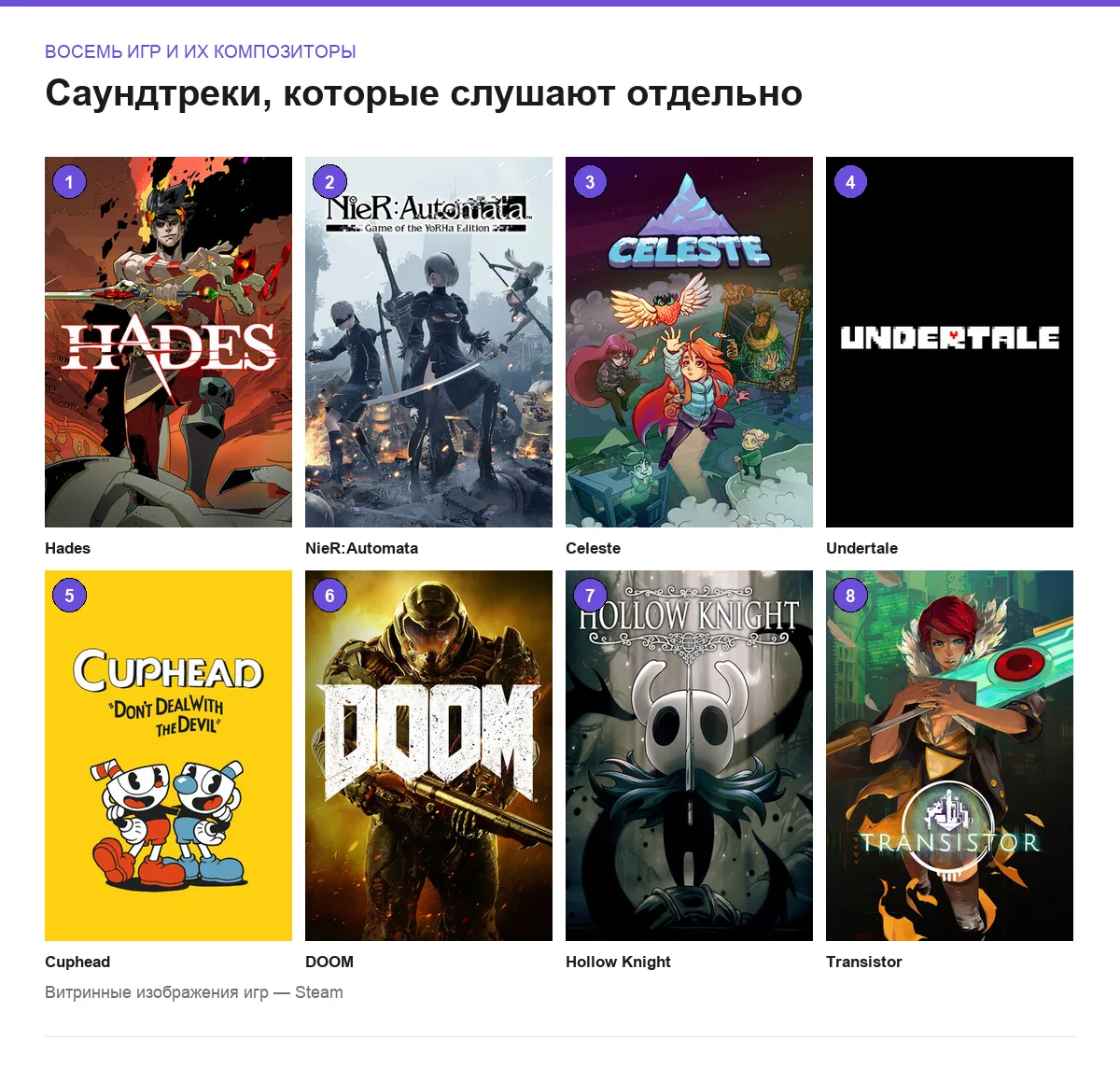 Сетка обложек игр с запоминающейся музыкой